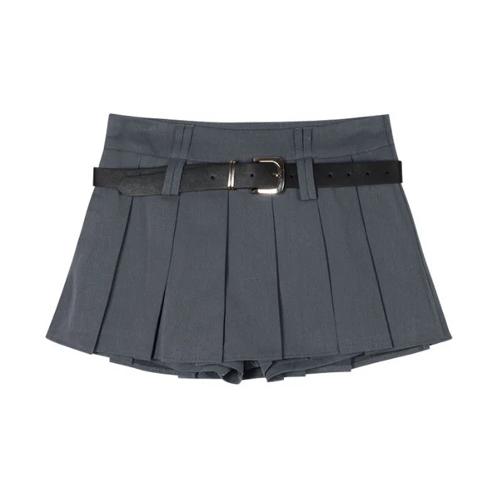 Women's Low Rise Pleated Mini Skirt Sexy A-Line Short Skirt with Belt and Built-In Shorts for Summer