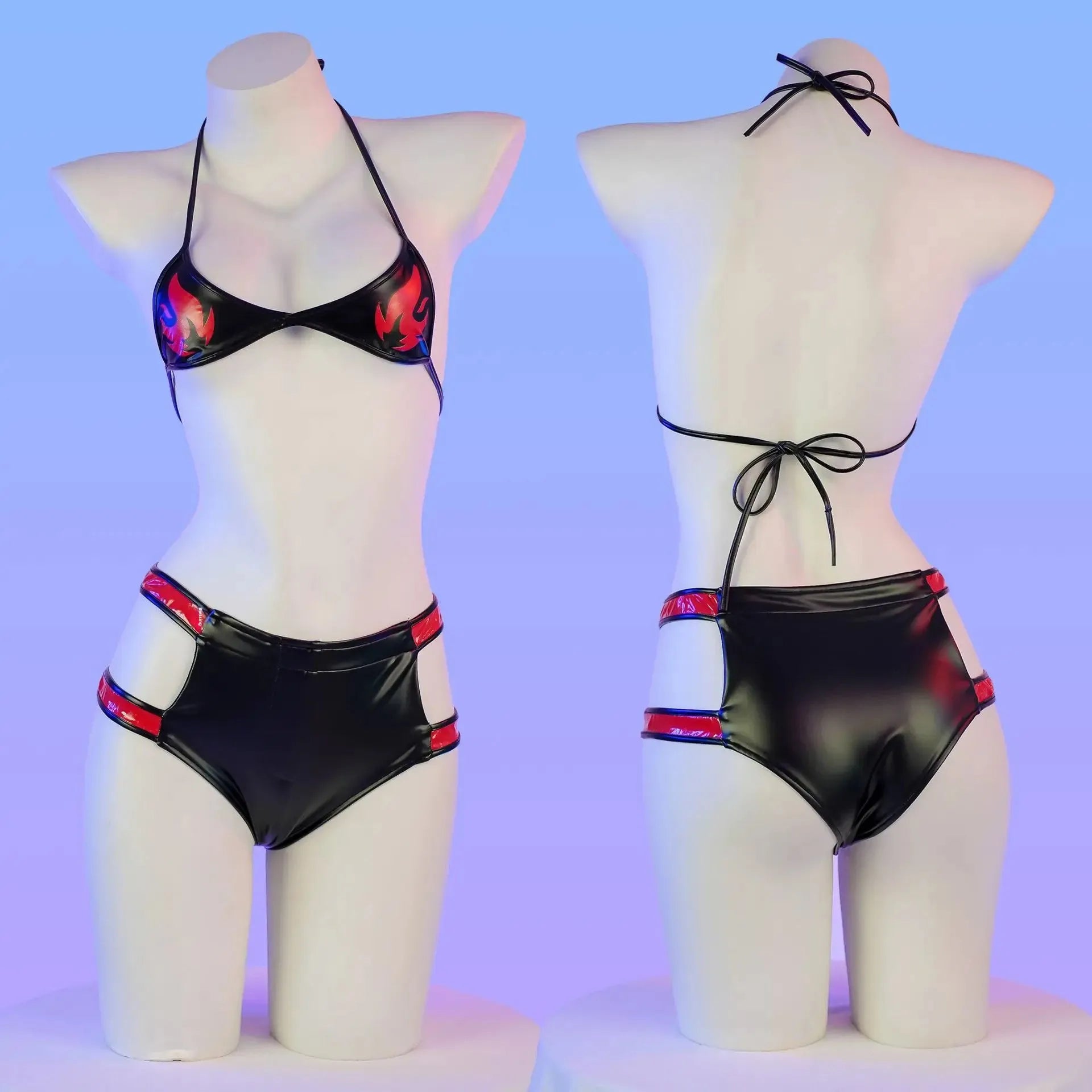 Daring PU Leather Bondage Bikini Set - Exotic Print Lingerie