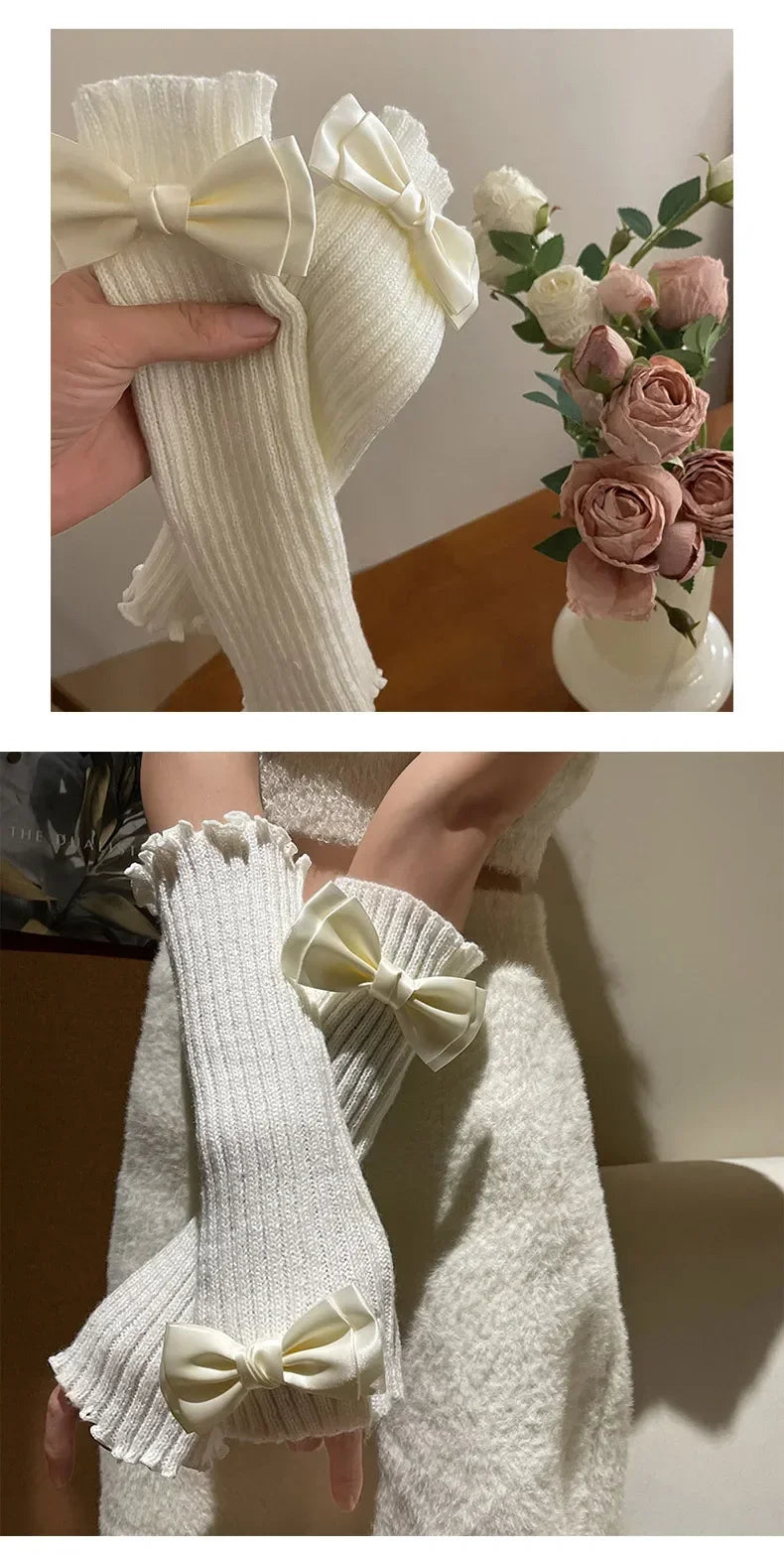 Women Knitted Bow Tie Fingerless Gloves Lolita Arm Sleeve Y2k Pink Girl Gothic Keep Wamrm Long Gloves Kawaii JK Accessories
