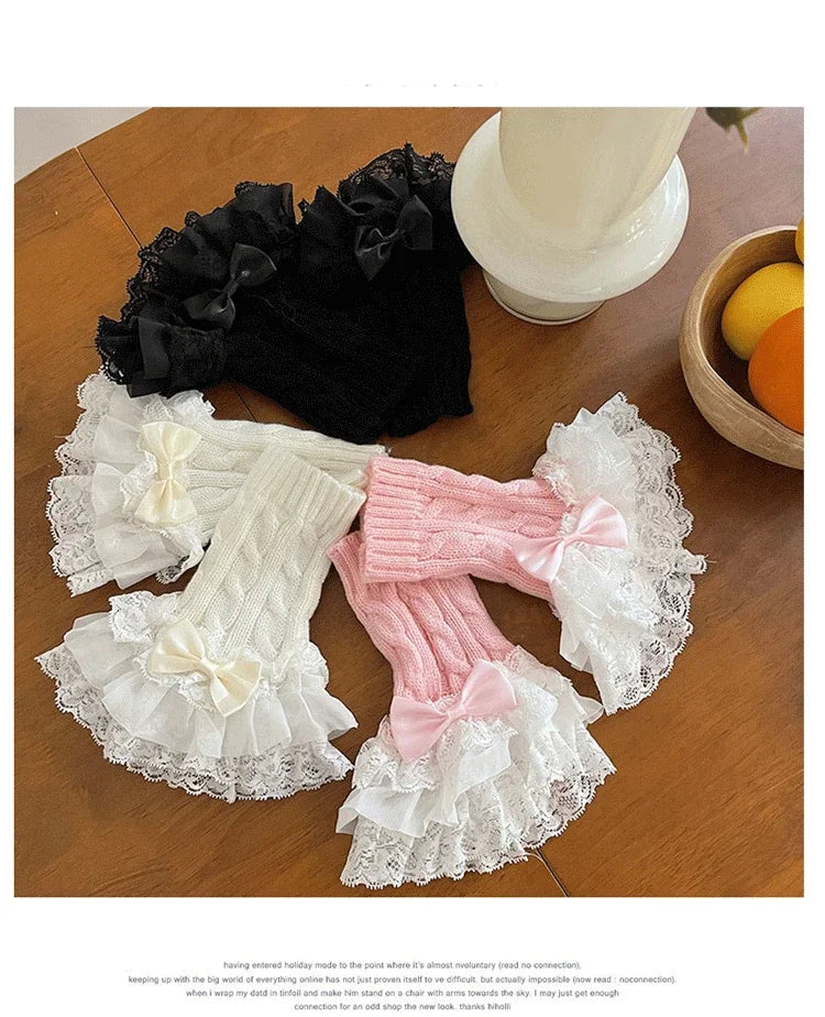 Lolita Lace Fall Winter Warm Sleeves Knitted Cute Fairy Bow Teenage Hand Sleeves Mittens Women
