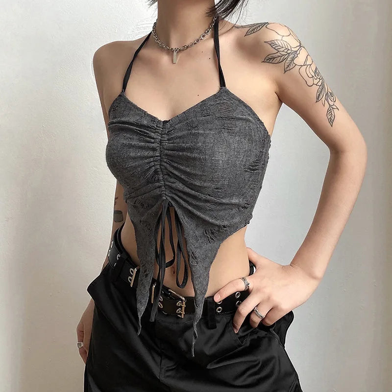 2025 Summer Sexy Drawstring Women T-shirts 2 Piece Set Y2k Distress Camisole Long Sleeve Buckle Tee Tops Hot Girls Clothes