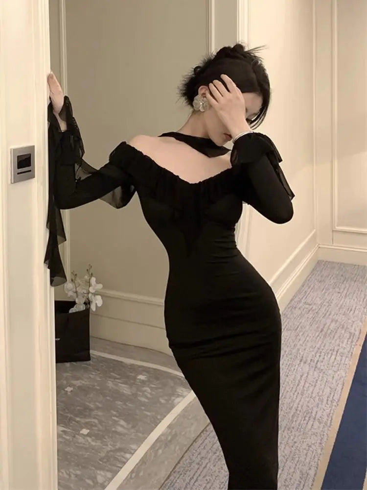 Elegant A-Line V-Neck Long Sleeve Dress - Slimming High Waist
