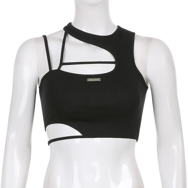 Women Hollow Out Black Y2K Tees Sleeveless Skinny Tops Cool Punk T-shirts Techwear 2024 Spring Summer New Sexy Crop Top
