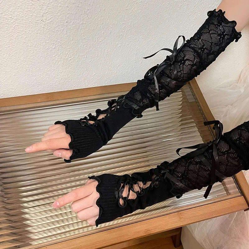 Women Thin Elastic Lace Mesh Bow Lolita Girl Cute Style Driving Glove Female Summer Sunscreen Anti-UV Wedding Dress Mitten