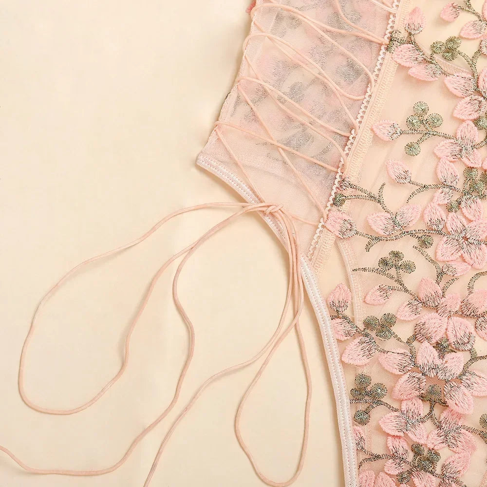 Exotic Floral Lace Bodysuit | Sexy Deep V Backless Lingerie