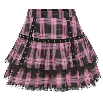 Pink Plaid Lace Ruffle Mini Skirt | Mall Goth Harajuku Pleated Skirt