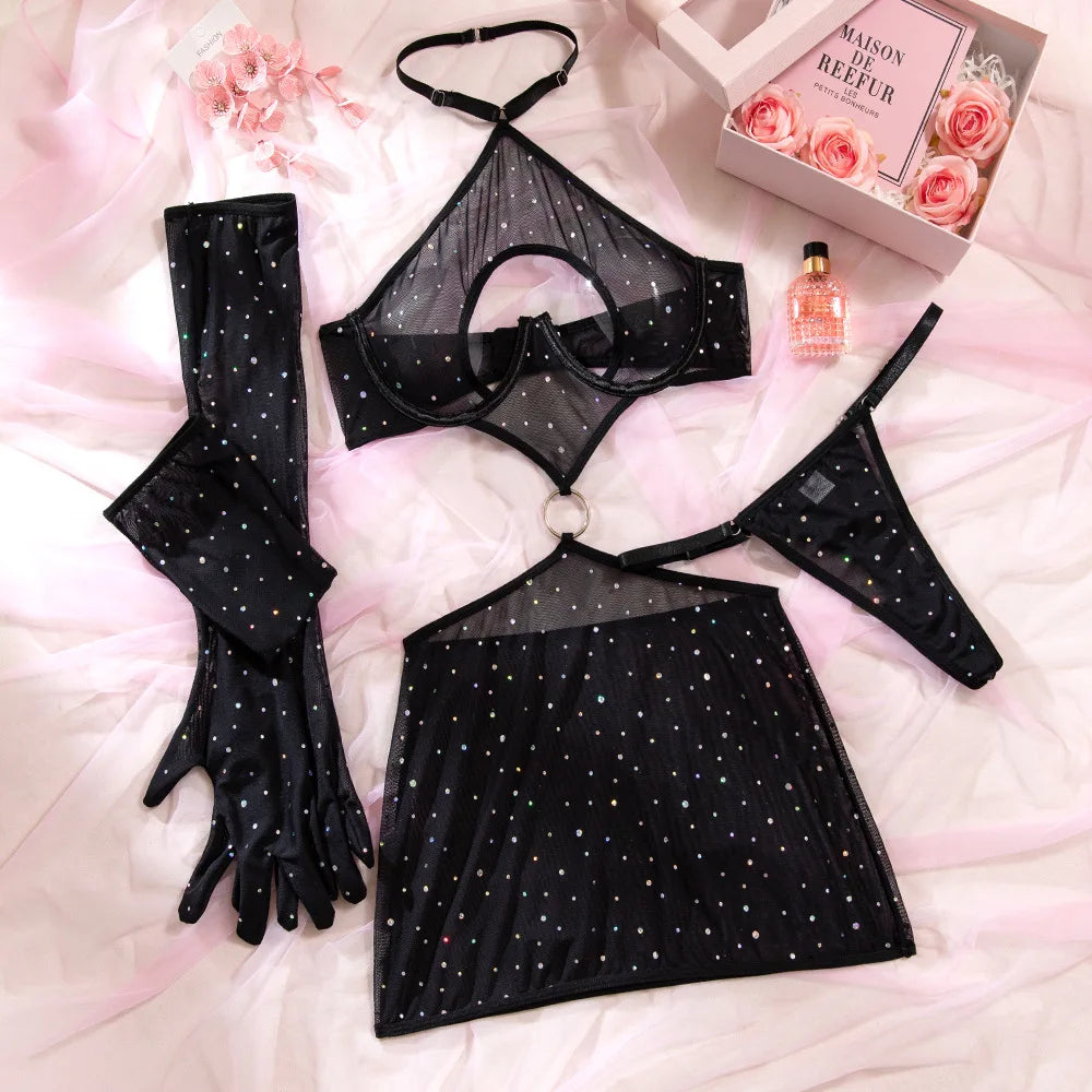 Dazzling Sequin Mesh Lingerie Set - Sexy Clubwear