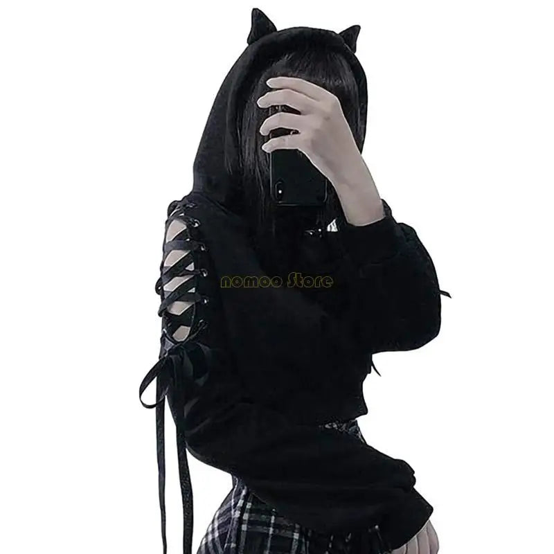 31BF Womens for Cat Ears Long Sleeve Hoodies Hollow Out Cold Shoulder Lace-Up Loose Crop Top Harajuku Graphic Sweatshirt