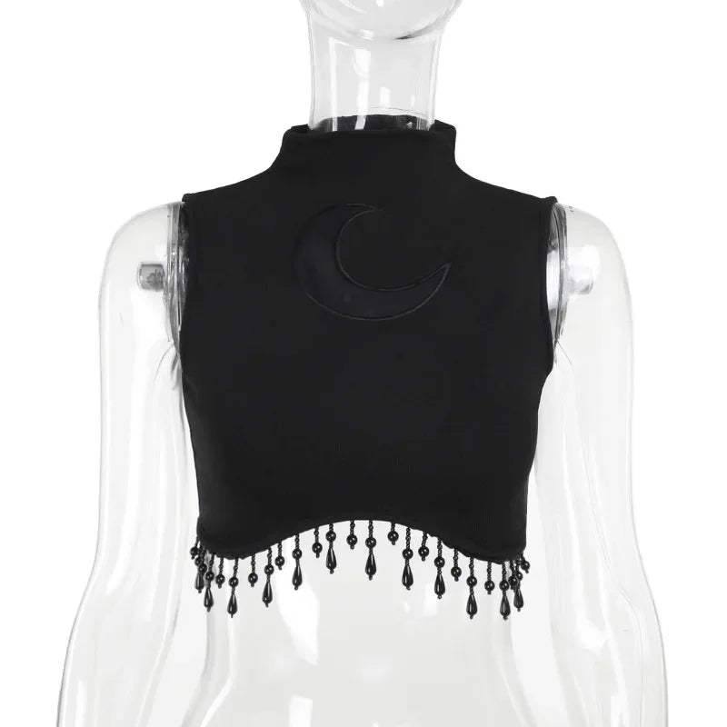 Goth Dark Cyber Y2K Skinny Turtleneck Tank Top Sexy Moon Chain Tassel Sleeveless Crop Tops Gothic Women Punk Streetwear Alt Vest