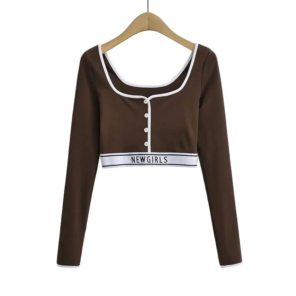 New Style Women's Tight Long-sleeved T-shirt Colour blocking Ultra-short Bottom High Waist Neckline Innerwear Athletic Tops