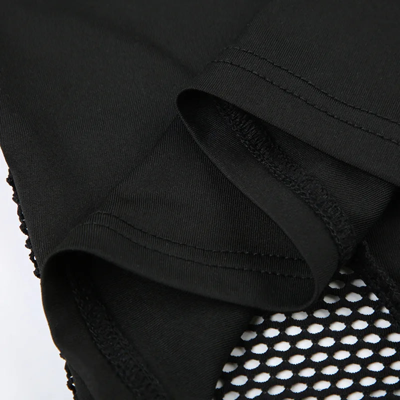 Goth Dark Techwear Cyber Gothic Fishnet Patches T-shirts Punk Grunge Hollow Out Skinny Crop Tops Black Eyelet Fashion Alt Clothe