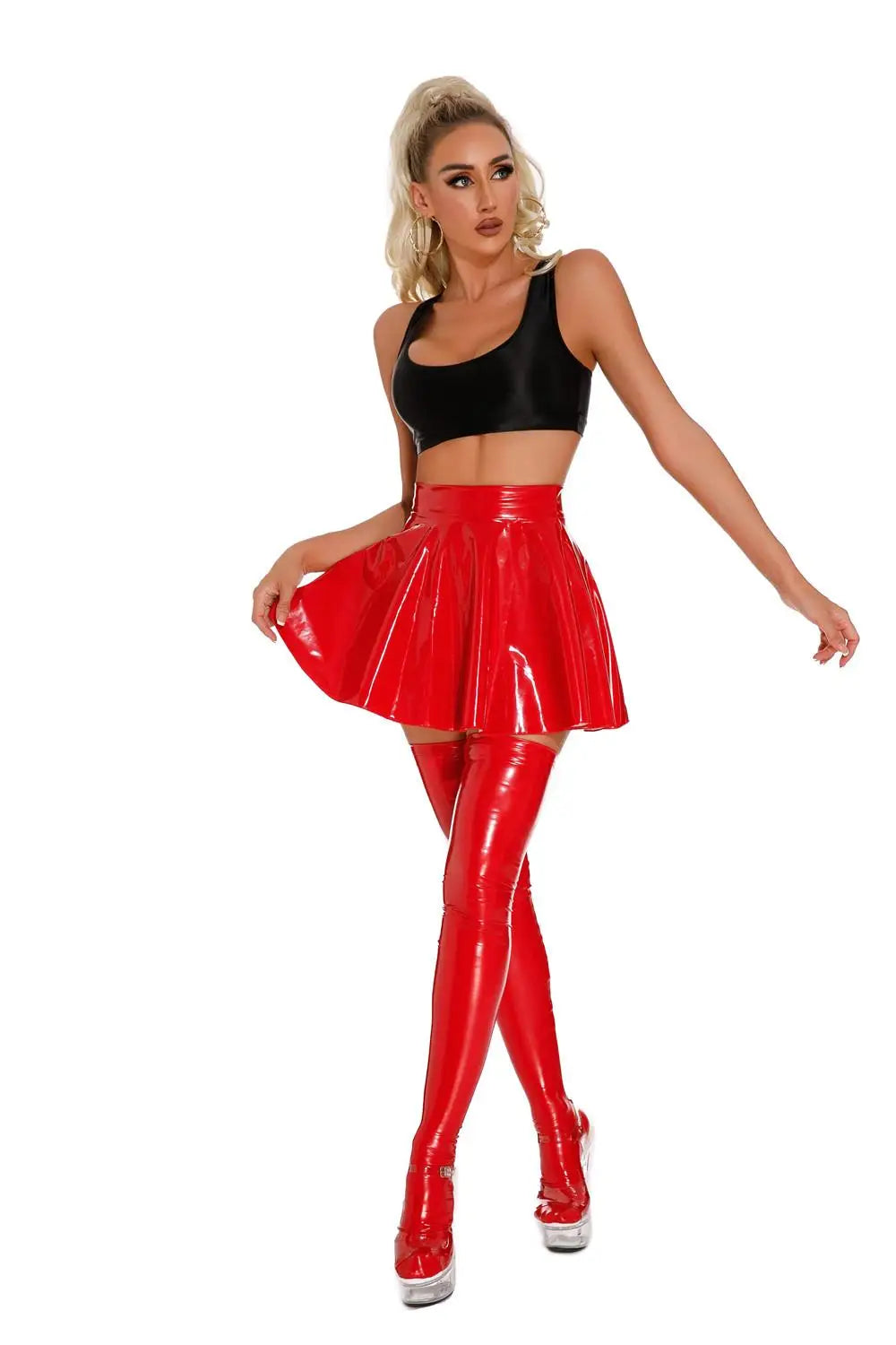 Sexy Women Oil Glossy Shiny Flared Pleated Skirt Wetlook Latex PU Faux Leather Ruffled MINI Skirt Club Stage Wear Dance Wear