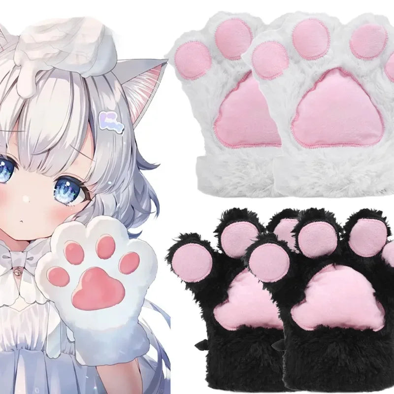 Cute Plush Cat Claw Gloves Large Size Women Halloween Christmas Party Cosplay Girls Winter Plush Fluffy Warm Full Finger Mitten
