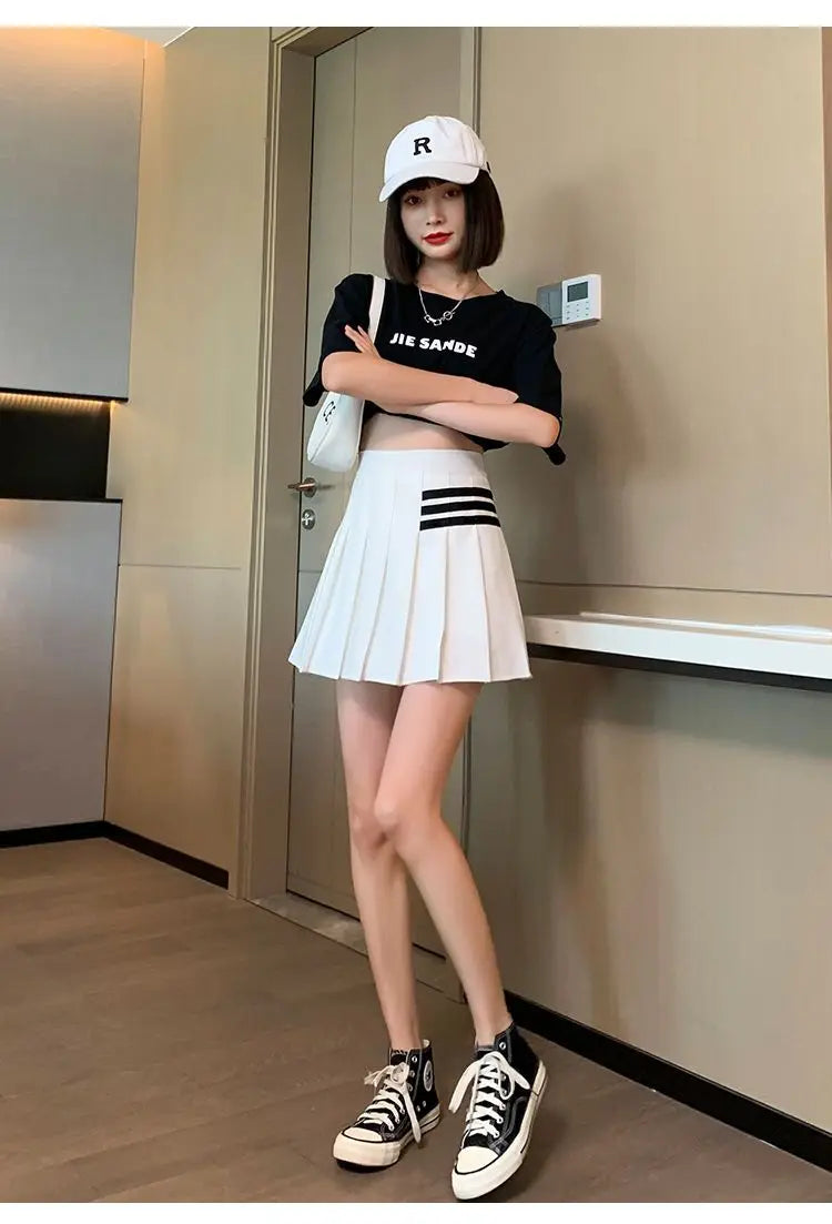 Preppy Style Women Kawaii Striped Pleated Skirts Korean Fashion Summer High Waisted With Lining Sweet Cutecore Mini A-line Skirt