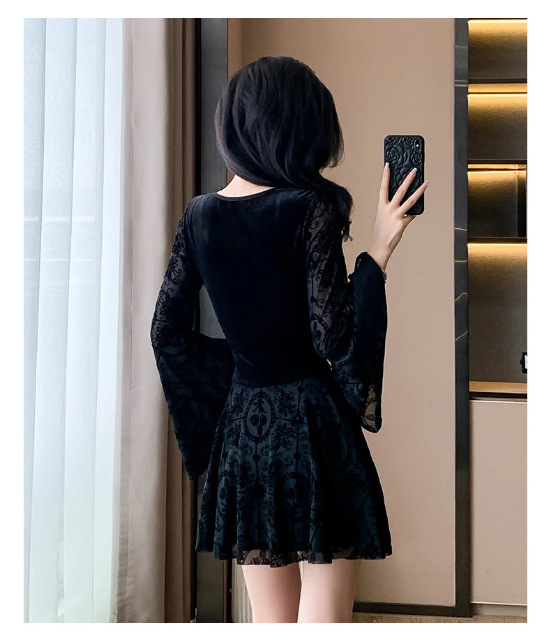 Y2K Black Velvet Flare Sleeve Mini Dress | Gothic Party Style