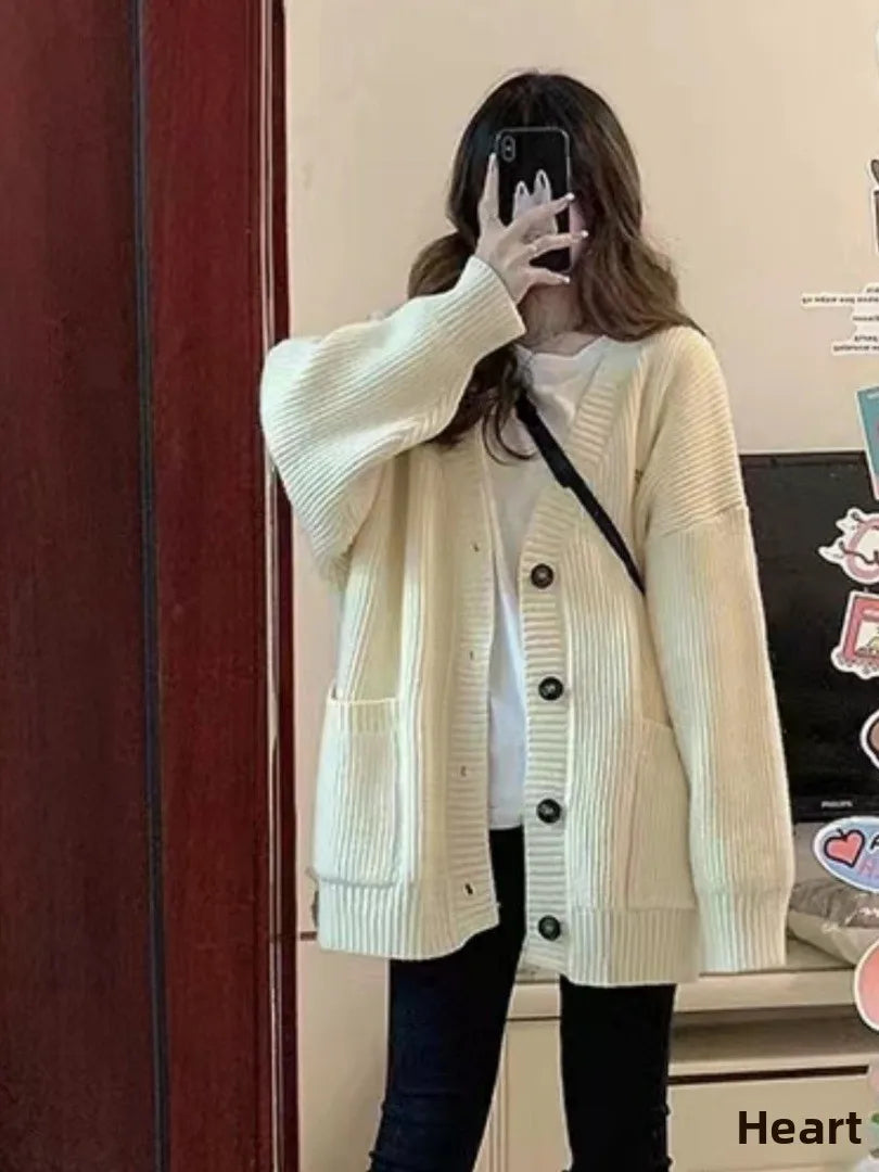 Gray Mid-Length Knitted Sweater Coat Women's Autumn Outerwear Japanese Lazy Vintage Milk System Soft Cozy Open Cardigan