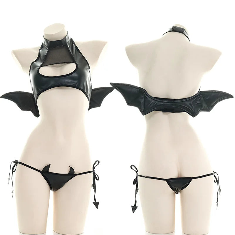 Sexy Devil Faux Leather Cosplay Lingerie Set | Halloween Demon