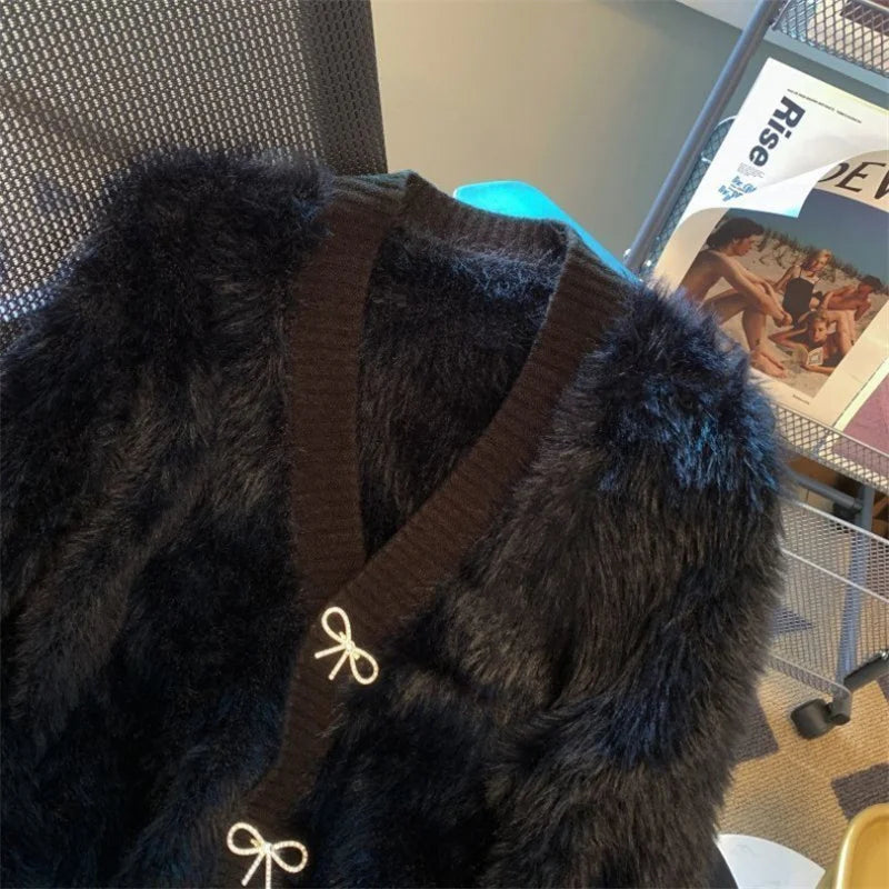 2026 Spring Autumn Women's Sweater Cardigan Jacket New Loose V-neck Imitation Mink Fur Sweater Jacket Female Knitted Tops Coat