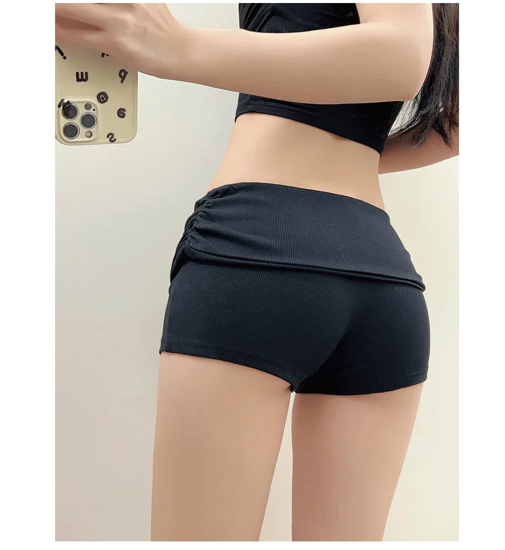 Summer Slim Yoga Shorts Women Casual Solid Color Fold Over Low Waist Lounge Shorts