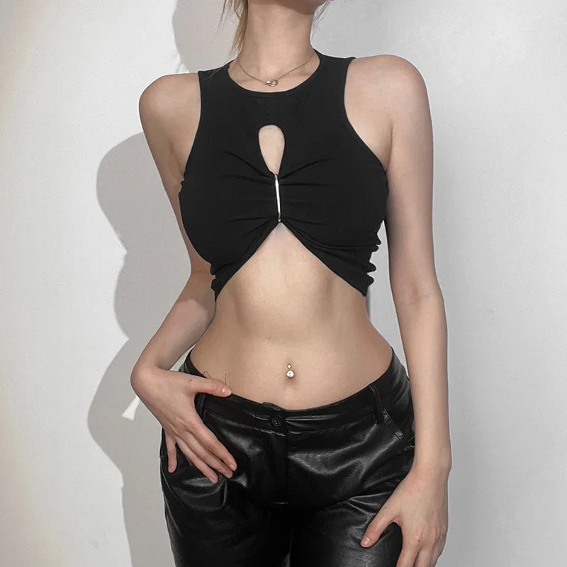 2026 Summer Sexy Y2k Aesthetic Solid Tank Top Harajuku Hollow Out Pleated Cropped Camisole Vintage Irregular Bodycon Tanks Women