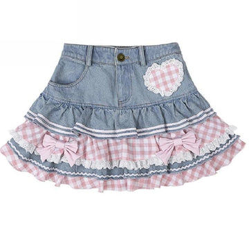 Kawaii Y2K Denim Lace Mini Skirt, High Waist Harajuku Cake Skirt