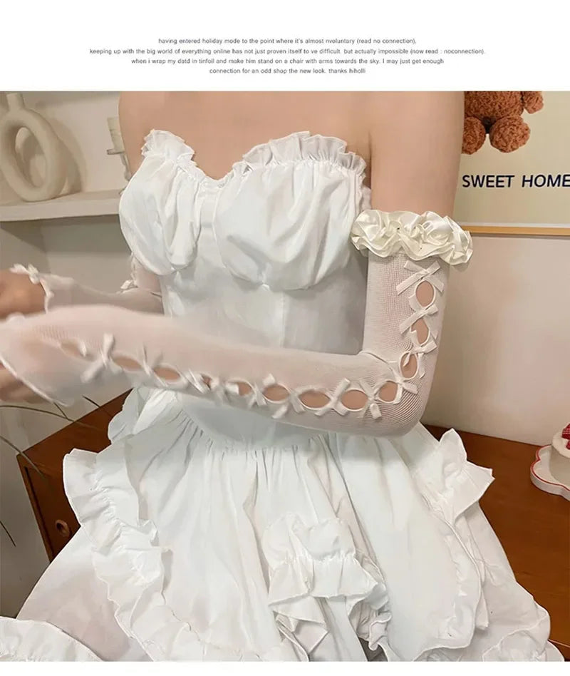 Women Thin Elastic Lace Mesh Bow Lolita Girl Cute Style Driving Glove Female Summer Sunscreen Anti-UV Wedding Dress Mitten