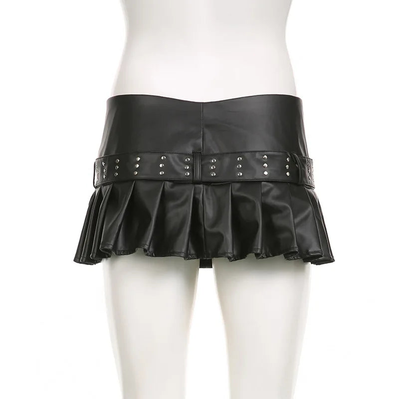 Women's Black Gothic A-line Pleated Leather Skirt Y2k Mini Shorts Skirt 2000s Vintage Clothes Summer Streetwear Punk E-Girl 2026