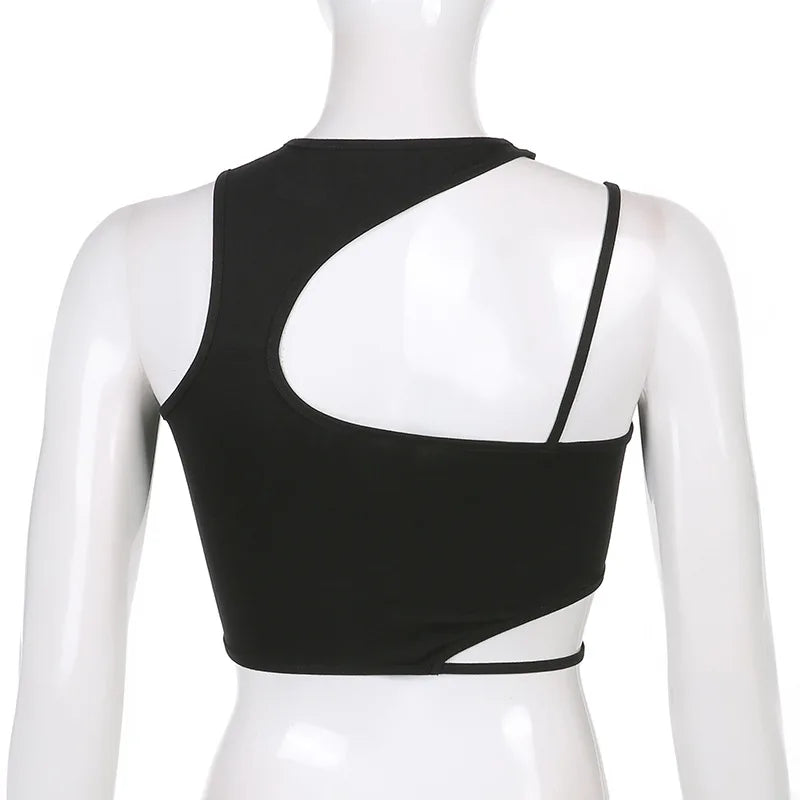 Women Hollow Out Black Y2K Tees Sleeveless Skinny Tops Cool Punk T-shirts Techwear 2024 Spring Summer New Sexy Crop Top