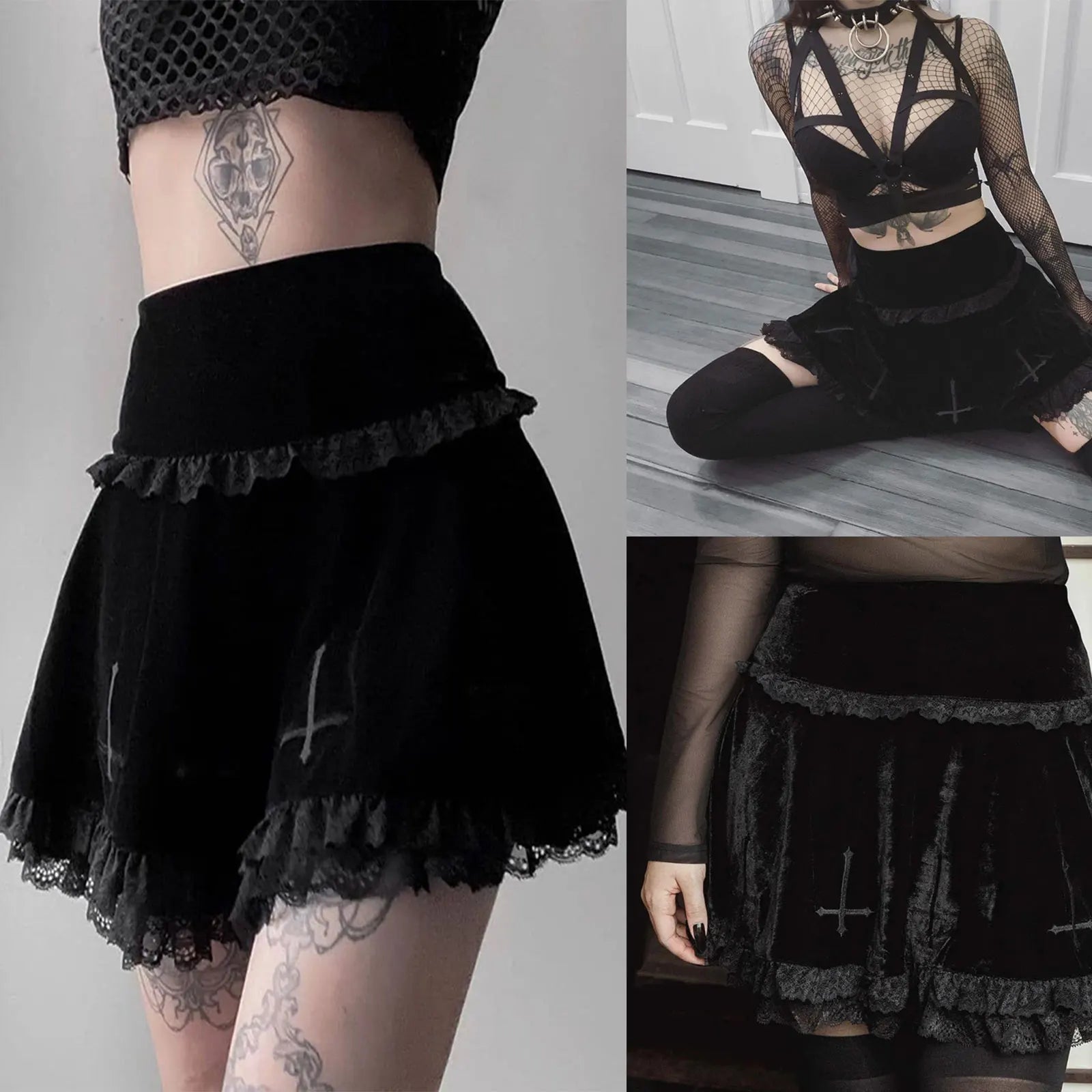 2024  Punk Cross Pattern Mini Skirt Y2K Grunge Gothic Black Lace High Waist Pleated A-line Skirt Vintage Women E-girl Clothes