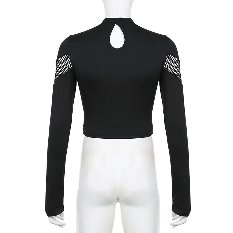 Goth Dark Techwear Cyber Gothic Fishnet Patches T-shirts Punk Grunge Hollow Out Skinny Crop Tops Black Eyelet Fashion Alt Clothe