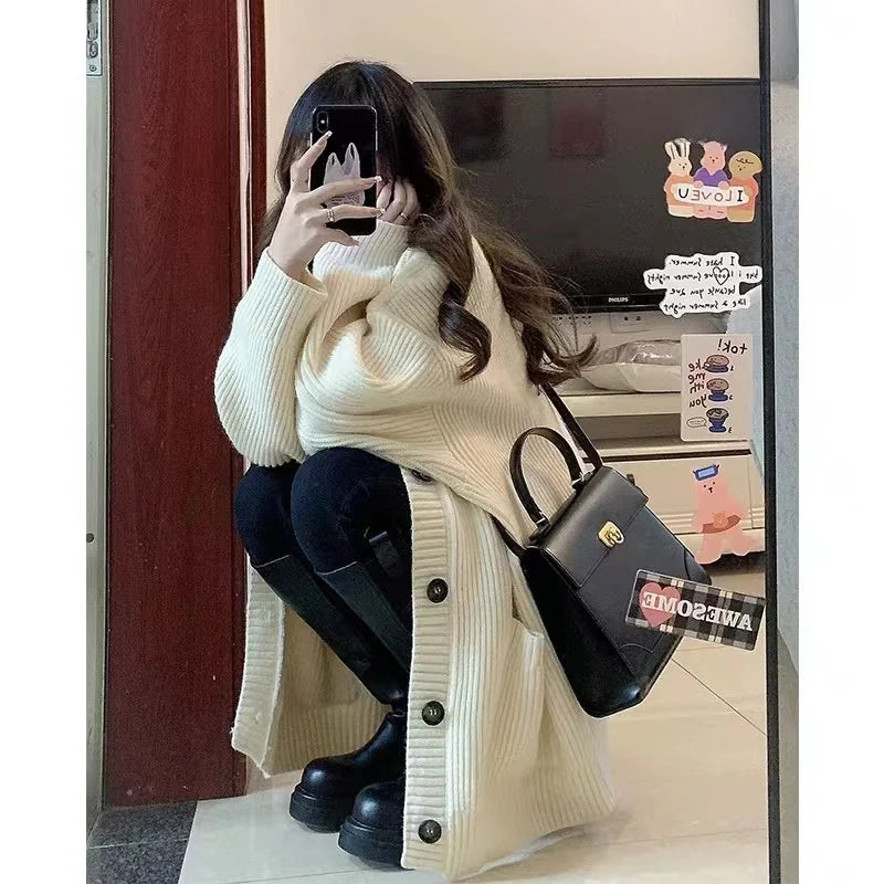 Gray Mid-Length Knitted Sweater Coat Women's Autumn Outerwear Japanese Lazy Vintage Milk System Soft Cozy Open Cardigan
