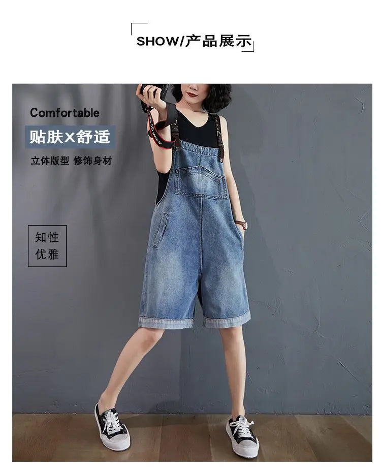 Cowboy Overalls Women's Jumpsuit Shorts 2025 Summer New Student Korean version Loose Denim Wide leg one-piece Suspender Shorts