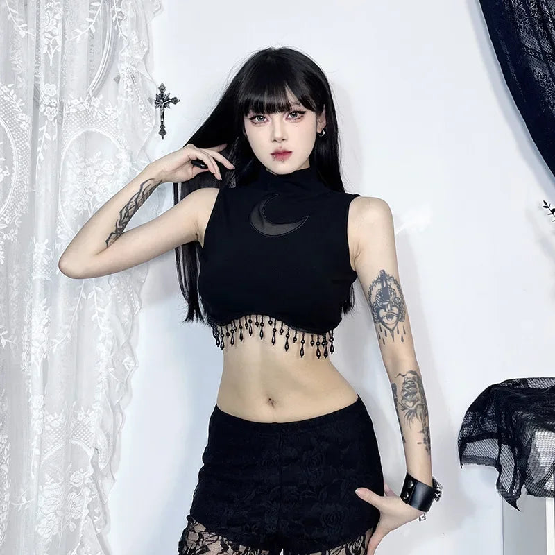 Goth Dark Cyber Y2K Skinny Turtleneck Tank Top Sexy Moon Chain Tassel Sleeveless Crop Tops Gothic Women Punk Streetwear Alt Vest