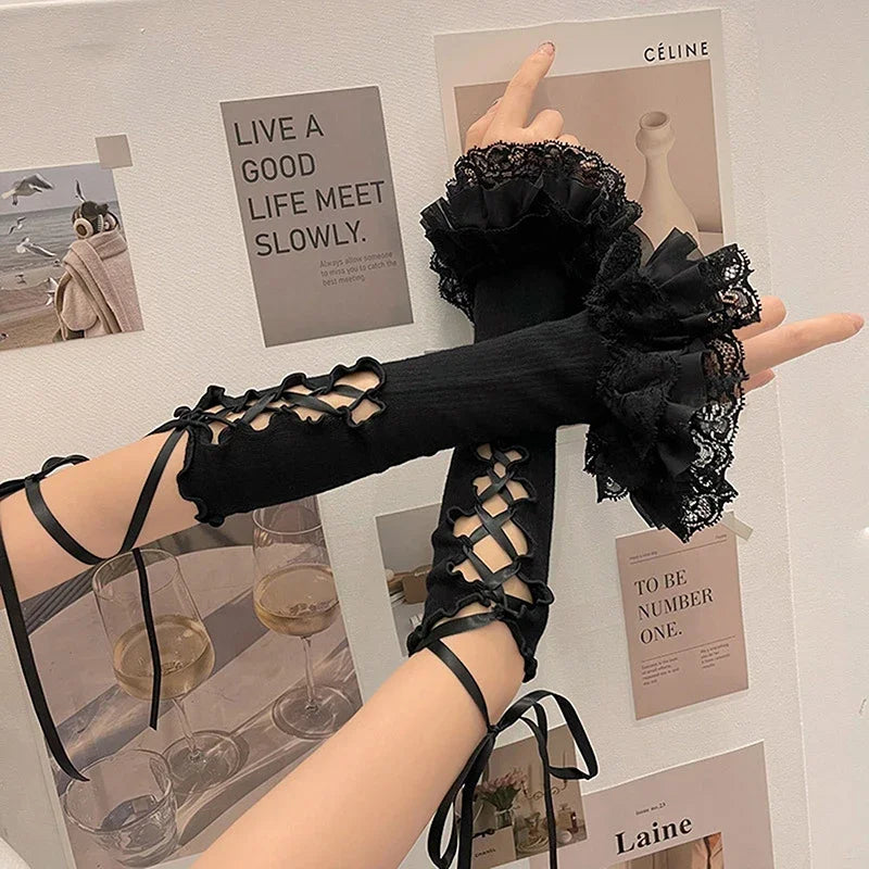 Black White Lace Strap Arm Sleeves Vintage Ribbon Bow Gothic Gloves for Women Girls Sweet Lolita Cuffs Covers Sunscreen Sleeves