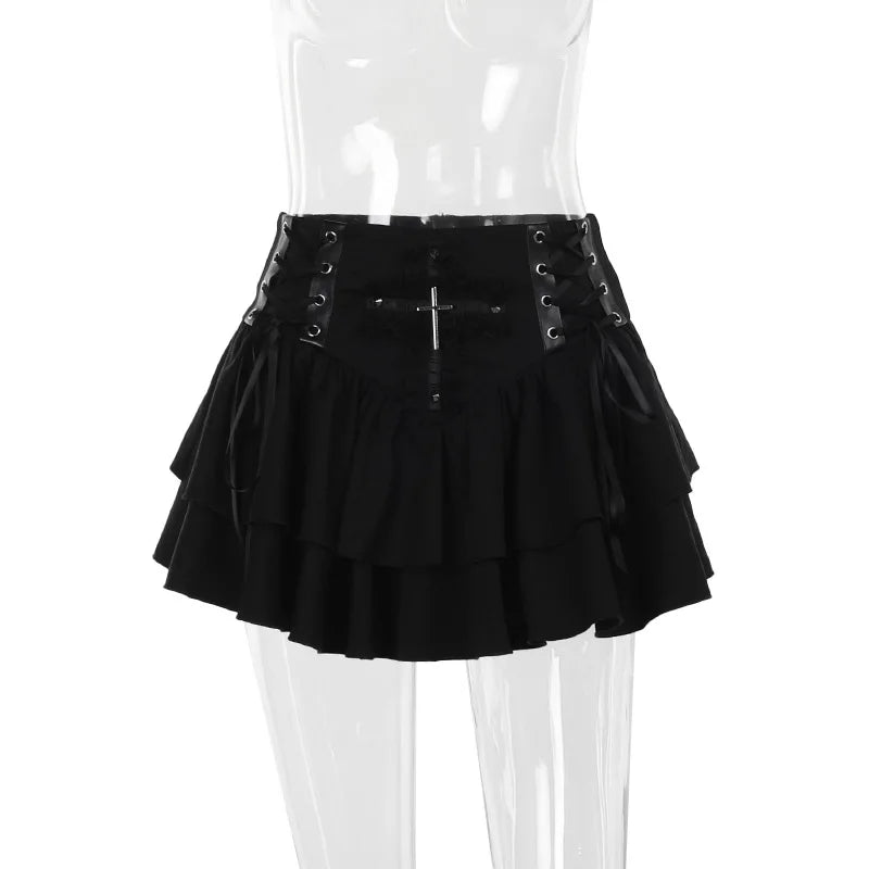 Goth Dark Punk Cross Patchwork Pleated Skirts Mall Gothic Techwear Bottoms Grunge Aesthetic Women Bandage Mini Skirt Alt Clothes