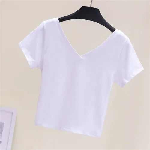 Summer Fashion Solid V Neck T Shirts Women Short Sleeve Sexy Crop Tops Ladies Casual Tees Top Tees Female Black Cotton T-Shirts