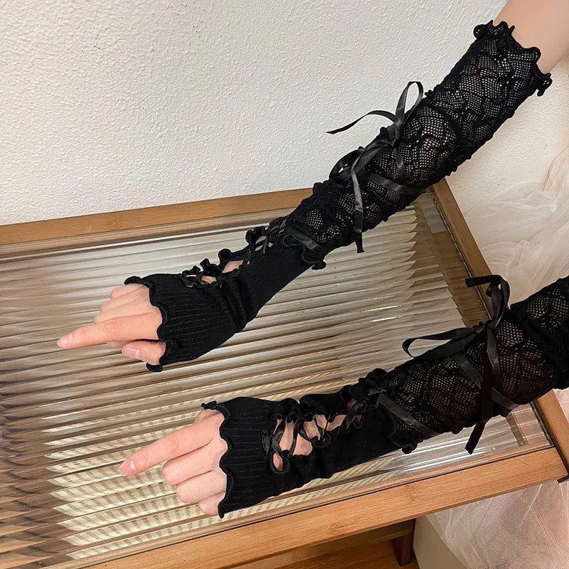 Women Cosplay Lolita Princess Style Lace Bandage Ribbon Thin Fingerless Long Gloves Cute Lovely Sweety Bow Elasticity Hollow