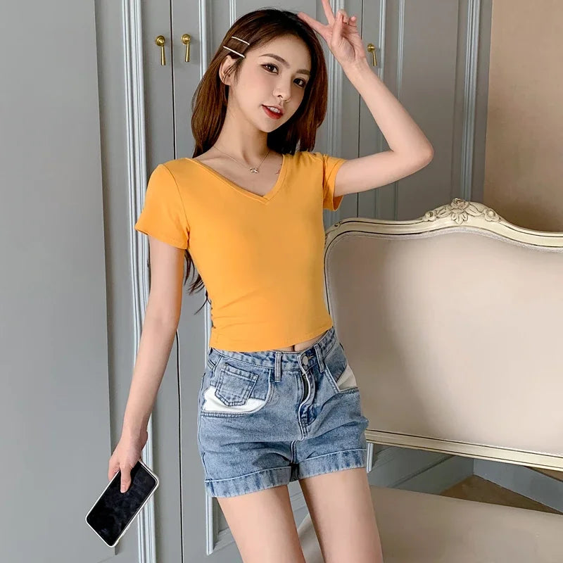 Summer Fashion Solid V Neck T Shirts Women Short Sleeve Sexy Crop Tops Ladies Casual Tees Top Tees Female Black Cotton T-Shirts