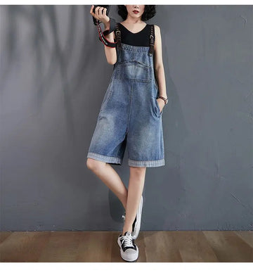 Loose Denim Wide-Leg Overalls - Korean Style Jumpsuit