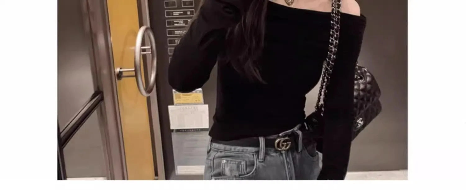 Black Shoulder-Bared Long Sleeve Knitted Sweater Women's Autumn New Style Slim Fit Inner Wear Base Top Korean Style Commute F...