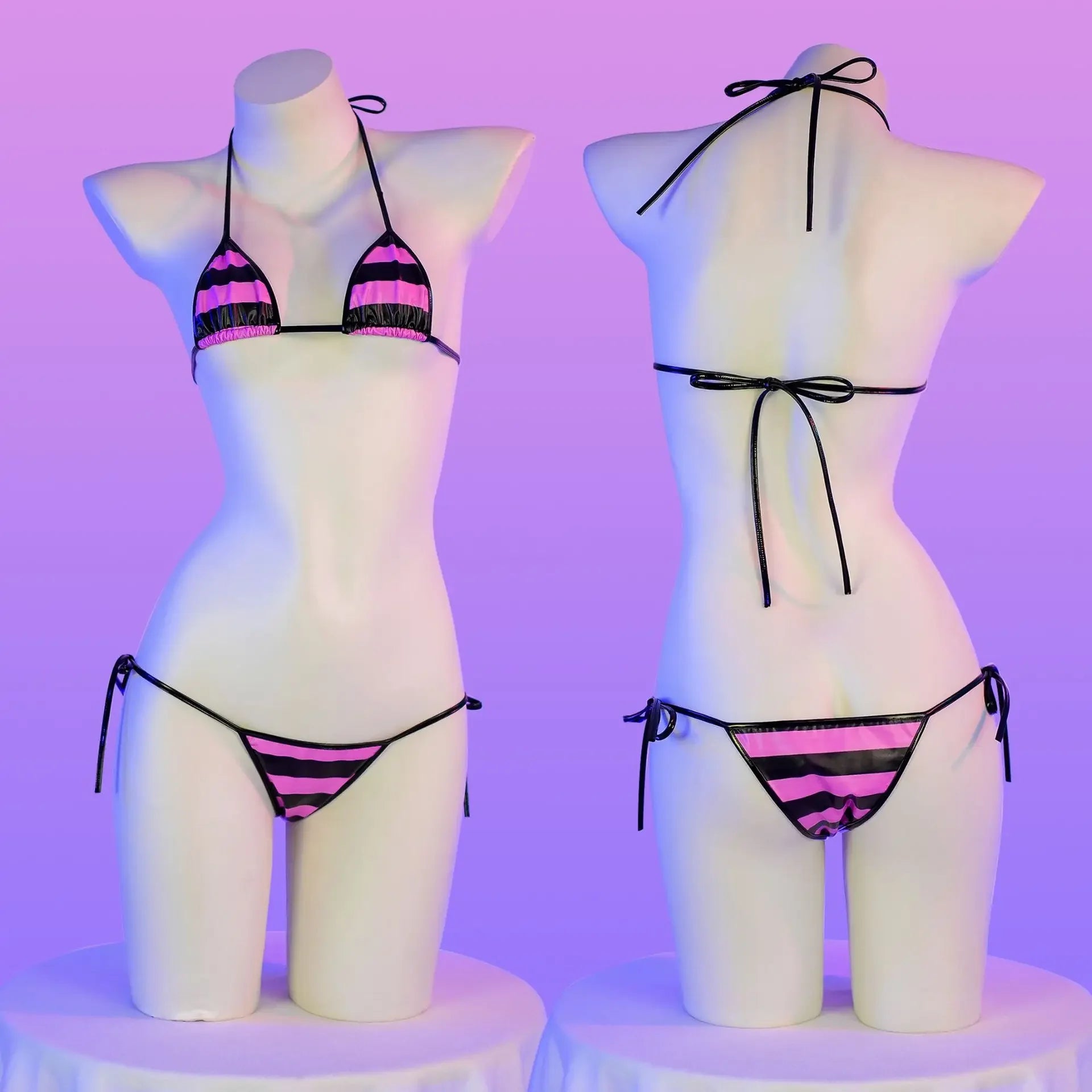 Daring PU Leather Micro Bikini Set | Anime Stripes Sexy Swimwear