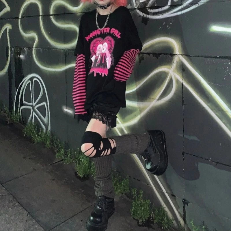 Japanese anime black women's T-shirt early autumn new loose original night style long sleeve hot girl trend women's tops emo