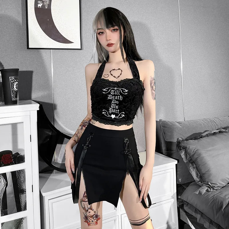 Gothic Zip Split Sexy Women Mini Skirts Grunge Strap Black High Waist Pencil Skirt Punk E-girl Alt Party Clubwear