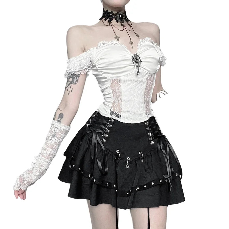 2025 New Vintage Dark Punk Rivet Corn Bandage Mini Skirt Gothic Punk Y2K Grunge Streetwear Women Pleat A-Line Sweet Slim Skirts