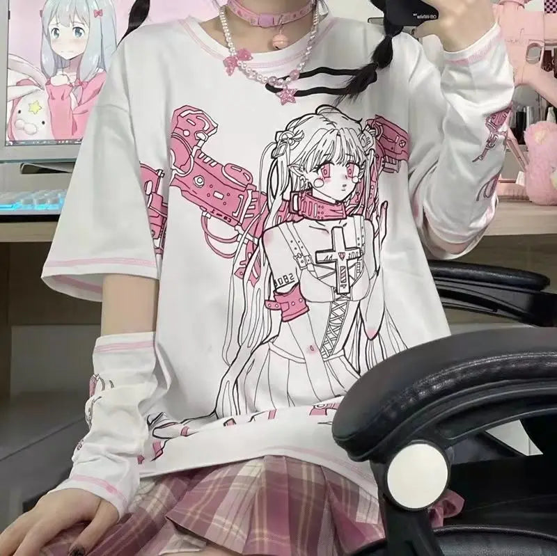 Japanese Two-dimensional Space Cartoon Print Tshirts Women O-neck Short Sleeve Kawaii Loose Top Aesthetic Grunge Y2k Fairy Tee