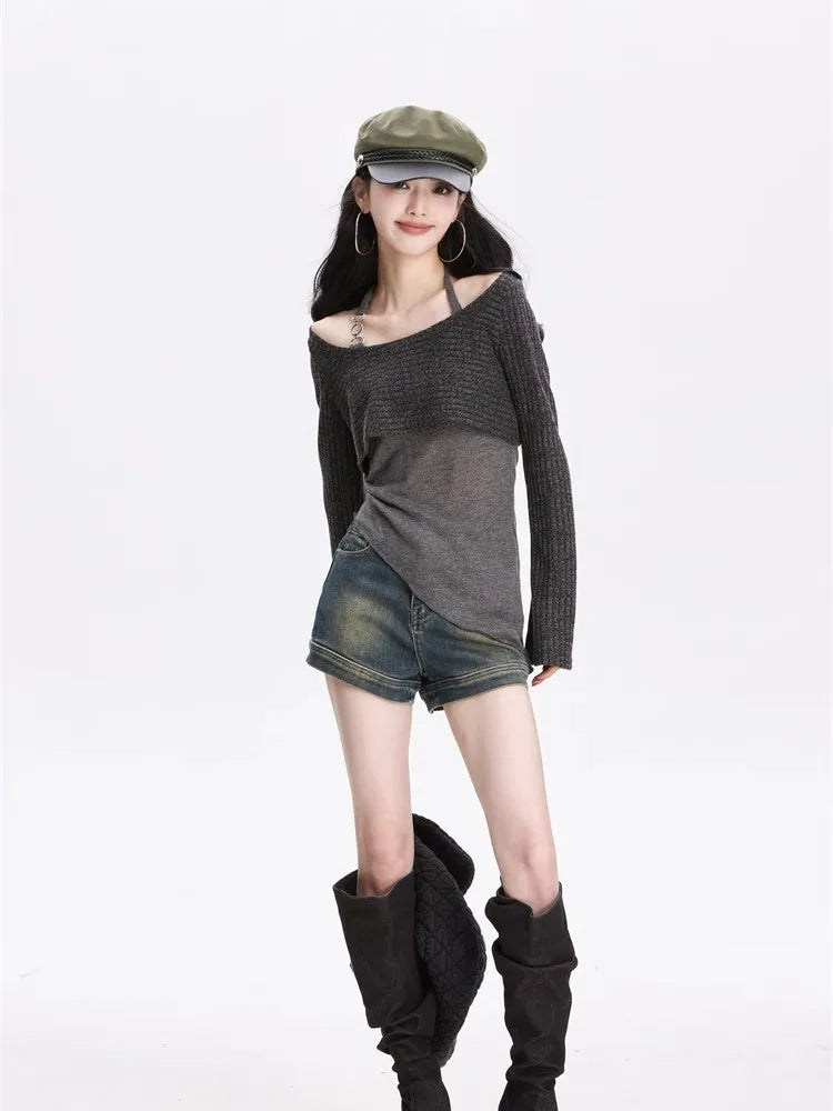 Kimutomo T Shirts Women Contrast Irregular Elegant Slim Fashion Vintage Y2k Aesthetic Harajuku Knitted Tops Ladies Grunge