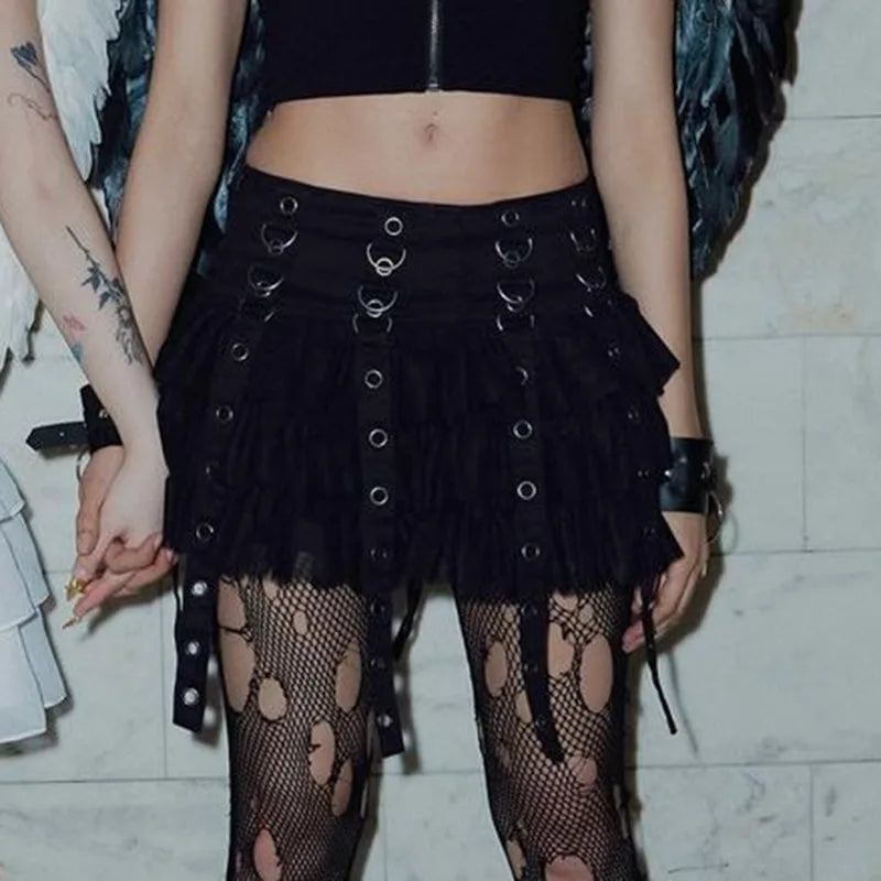 Mall Goth Black Pleated Mini Skirt with Chain Women's Punk High Waisted Tennis Skirt Fairy Grunge Aesthetic E Girl Cloth