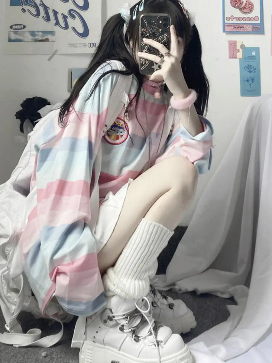 Loose Long Sleeve Striped T-Shirt Women's Base Shirt Student Style Korean Version Autumn New Arrival Female Top round Neck