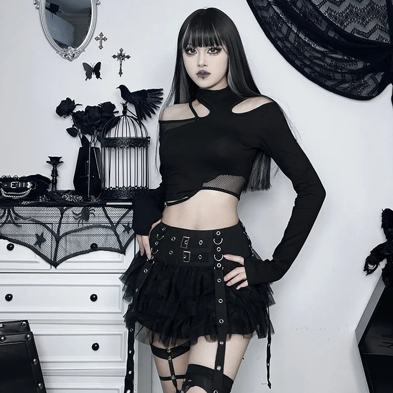 Black Women Punk High Waisted Goth Skirt Sexy Pleated Mini Skirt with Chain E Girl Lace-Up Tie PU Leather Corset Y2K Crop Tops