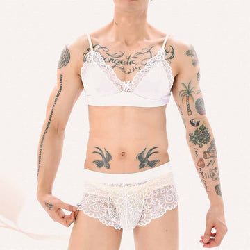 Men's Crossdressing Lingerie: Sheer Lace Bra Top & Mesh Panties